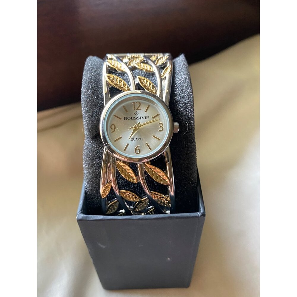 Boussivie new in box Womens Quartz Watch With Gold & Silver Leaf Design Cuff Bra
